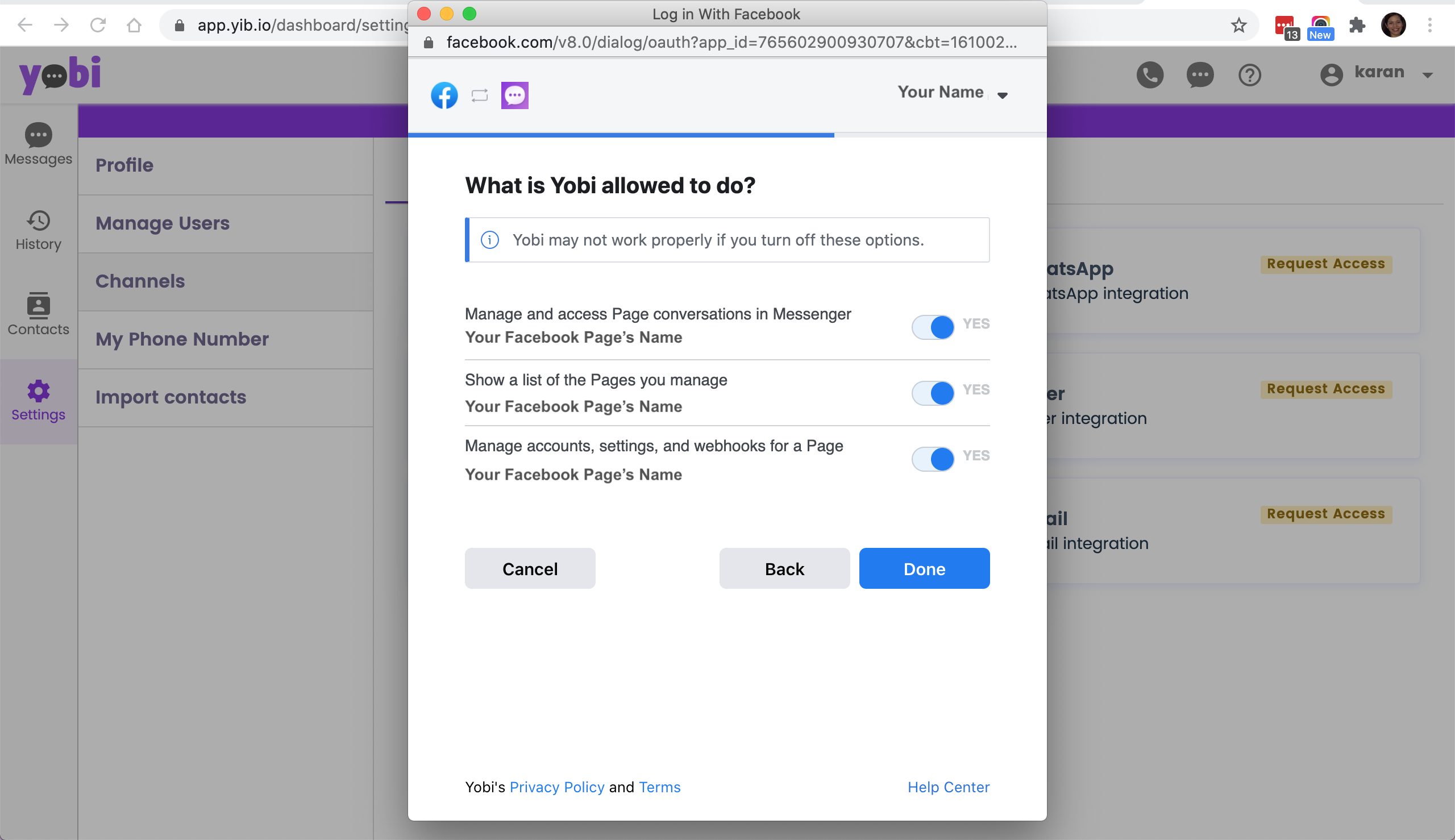 Yobi Facebook Integration